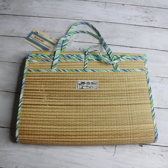Old Navy Beach Mat Carry Tote Rattan Blue Green Stripe - Picture 1 of 4